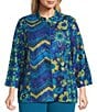 Multiples Plus Size Multi Print Stand Collar 3/4 Sleeve Button Front Jacket, Color:Multi - Image 2