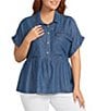Multiples Plus Size Point Collar Short Dolman Sleeve Peplum Denim Top - Image 1