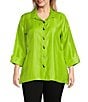 Color:Keylime - Image 1 - Plus Size Shimmer Woven Point Collar Turn Up Cuff 3/4 Sleeve High-Low Button-Front Shirt