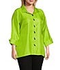 Color:Keylime - Image 3 - Plus Size Shimmer Woven Point Collar Turn Up Cuff 3/4 Sleeve High-Low Button-Front Shirt