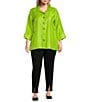 Color:Keylime - Image 4 - Plus Size Shimmer Woven Point Collar Turn Up Cuff 3/4 Sleeve High-Low Button-Front Shirt