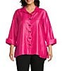 Multiples Plus Size Shimmer Woven Printed Point Collar 3/4 Turn Up Cuff Sleeve Hi-Low Hem Button Front Shirt, Color:Fuchsia - Image 1