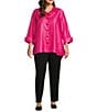 Multiples Plus Size Shimmer Woven Printed Point Collar 3/4 Turn Up Cuff Sleeve Hi-Low Hem Button Front Shirt, Color:Fuchsia - Image 3