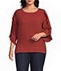 Multiples Plus Size Slub Crinkle Woven Scoop Neck 3/4 Ruffle Sleeve - Image 1