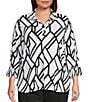 Multiples Plus Size Slub Jersey Knit Geometric Print Collared V-Neck 3/4 Sleeve Top, Color:Black/White Print - Image 1