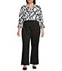 Multiples Plus Size Slub Jersey Knit Geometric Print Collared V-Neck 3/4 Sleeve Top, Color:Black/White Print - Image 3