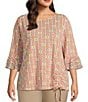 Multiples Plus Size Slub Knit Georgette Floral Multi Print Boat Neck 3/4 Sleeve Fitted Ruched Side Drawstring Top, Color:Floral Multi - Image 1