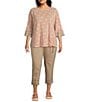 Multiples Plus Size Slub Knit Georgette Floral Multi Print Boat Neck 3/4 Sleeve Fitted Ruched Side Drawstring Top, Color:Floral Multi - Image 3