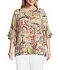 Multiples Plus Size Slub Knit Georgette Multi Scoop Neck 3/4 Flounce Sleeve Fitted Top, Color:Multi - Image 1