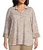 Multiples Plus Size Slub Knit Georgette Printed Collared V-Neck 3/4 Sleeve Top, Color:Stone - Image 1