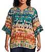 Multiples Plus Size Slub Knit Multi Print Banded Y-Neck Elbow Flounce Sleeve Top - Image 1