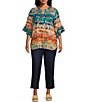 Multiples Plus Size Slub Knit Multi Print Banded Y-Neck Elbow Flounce Sleeve Top - Image 3