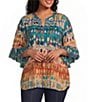 Multiples Plus Size Slub Knit Multi Print Banded Y-Neck Elbow Flounce Sleeve Top - Image 1