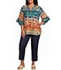 Multiples Plus Size Slub Knit Multi Print Banded Y-Neck Elbow Flounce Sleeve Top - Image 3