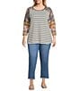 Multiples Plus Size Slub Knit Multi Printed Scoop Neck 3/4 Raglan Sleeve Top, Color:Multi Print - Image 3