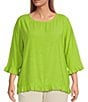 Color:Leaf - Image 1 - Plus Size Slub Woven Scoop Neck 3/4 Sleeve Ruffled Fitted Top