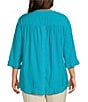 Color:Ocean - Image 2 - Plus Size Slub Woven Scoop Neck 3/4 Sleeve Ruffled Fitted Top