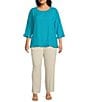 Color:Ocean - Image 3 - Plus Size Slub Woven Scoop Neck 3/4 Sleeve Ruffled Fitted Top