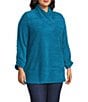 Multiples Plus Size Soft Textured Striped Plush Rib Knit Wrap Collar 3/4 Bungee Sleeve Top, Color:Peacock - Image 3