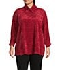 Multiples Plus Size Soft Textured Striped Plush Rib Knit Wrap Collar 3/4 Bungee Sleeve Top, Color:Crimson - Image 1