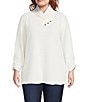 Multiples Plus Size Soft Textured Striped Plush Rib Knit Wrap Collar 3/4 Bungee Sleeve Top, Color:Winter White - Image 1