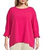 Color:Bright Pink - Image 1 - Plus Size Solid Crinkle Woven Crew Neck Smocked 3/4 Dolman Sleeve Top