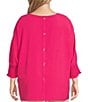 Color:Bright Pink - Image 2 - Plus Size Solid Crinkle Woven Crew Neck Smocked 3/4 Dolman Sleeve Top