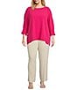 Color:Bright Pink - Image 3 - Plus Size Solid Crinkle Woven Crew Neck Smocked 3/4 Dolman Sleeve Top