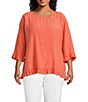 Multiples Plus Size Solid Crinkle Woven Scoop Neck 3/4 Sleeve Hi-Low...