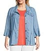 Multiples Plus Size Solid Lyocell Point Collar 3/4 Flounce Sleeve Button Front Peplum Jacket, Color:Light Indigo - Image 1