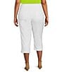 Color:White - Image 2 - Plus Size Stretch Twill Wide Waistband Side Button Curved Hem Straight Leg Pull-On Capri Pants