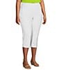 Color:White - Image 3 - Plus Size Stretch Twill Wide Waistband Side Button Curved Hem Straight Leg Pull-On Capri Pants