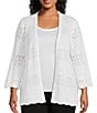 Color:White - Image 1 - Plus Size Sweater Knit 3/4 Sleeve Scallop Edge Open-Front Cardigan