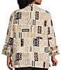 Multiples Plus Size Textured Bark Cloth Patchwork Print Banded Collar 3/4 Sleeve Button Front Jacket, Color:Multi - Image 2