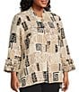 Multiples Plus Size Textured Bark Cloth Patchwork Print Banded Collar 3/4 Sleeve Button Front Jacket, Color:Multi - Image 3