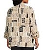Multiples Plus Size Textured Bark Cloth Patchwork Print Banded Collar 3/4 Sleeve Button Front Jacket, Color:Multi - Image 4