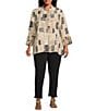 Multiples Plus Size Textured Bark Cloth Patchwork Print Banded Collar 3/4 Sleeve Button Front Jacket, Color:Multi - Image 5