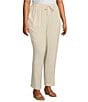 Color:Flax - Image 3 - Plus Size Textured Linen Blend Drawstring Waist Pull-On Pants