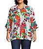 Multiples Plus Size Textured Woven Floral Point Collar 3/4 Sleeve Tie Front Shirt - Image 1