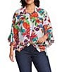 Multiples Plus Size Textured Woven Floral Point Collar 3/4 Sleeve Tie Front Shirt - Image 1