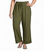 Multiples Plus Size Textured Woven Slub Drawstring Fringe Band Cropped Coordinating Pants - Image 1