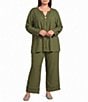 Multiples Plus Size Textured Woven Slub Drawstring Fringe Band Cropped Coordinating Pants - Image 3