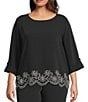 Multiples Plus Size Woven Boat Neck Long Roll-Tab Sleeve Embroidered Coordinating Scalloped Hem Top, Color:Black - Image 1