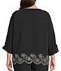Multiples Plus Size Woven Boat Neck Long Roll-Tab Sleeve Embroidered Coordinating Scalloped Hem Top, Color:Black - Image 2