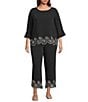 Multiples Plus Size Woven Boat Neck Long Roll-Tab Sleeve Embroidered Coordinating Scalloped Hem Top, Color:Black - Image 3