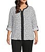 Multiples Plus Size Woven Dotted Split Round Band V-Neck Long Roll-Tab Sleeve Top, Color:Black/White Print - Image 1