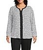 Multiples Plus Size Woven Dotted Split Round Band V-Neck Long Roll-Tab Sleeve Top, Color:Black/White Print - Image 2