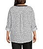 Multiples Plus Size Woven Dotted Split Round Band V-Neck Long Roll-Tab Sleeve Top, Color:Black/White Print - Image 3