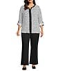 Multiples Plus Size Woven Dotted Split Round Band V-Neck Long Roll-Tab Sleeve Top, Color:Black/White Print - Image 5
