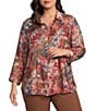 Multiples Plus Size Woven Floral Multi Print Point Collar 3/4 Roll-Tab Sleeve Button-Front Crinkle Shirt - Image 1